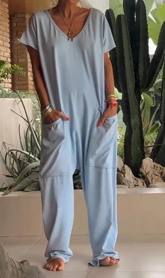Sarah Express Women's V-Neck Oversized Jumpsuit Quarter Sleeve Pockets Casual Street Style Spring Summer