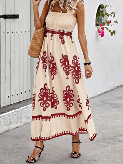 Sarah Express Women's Smocked Printed Wide Strap Maxi Dress Rust