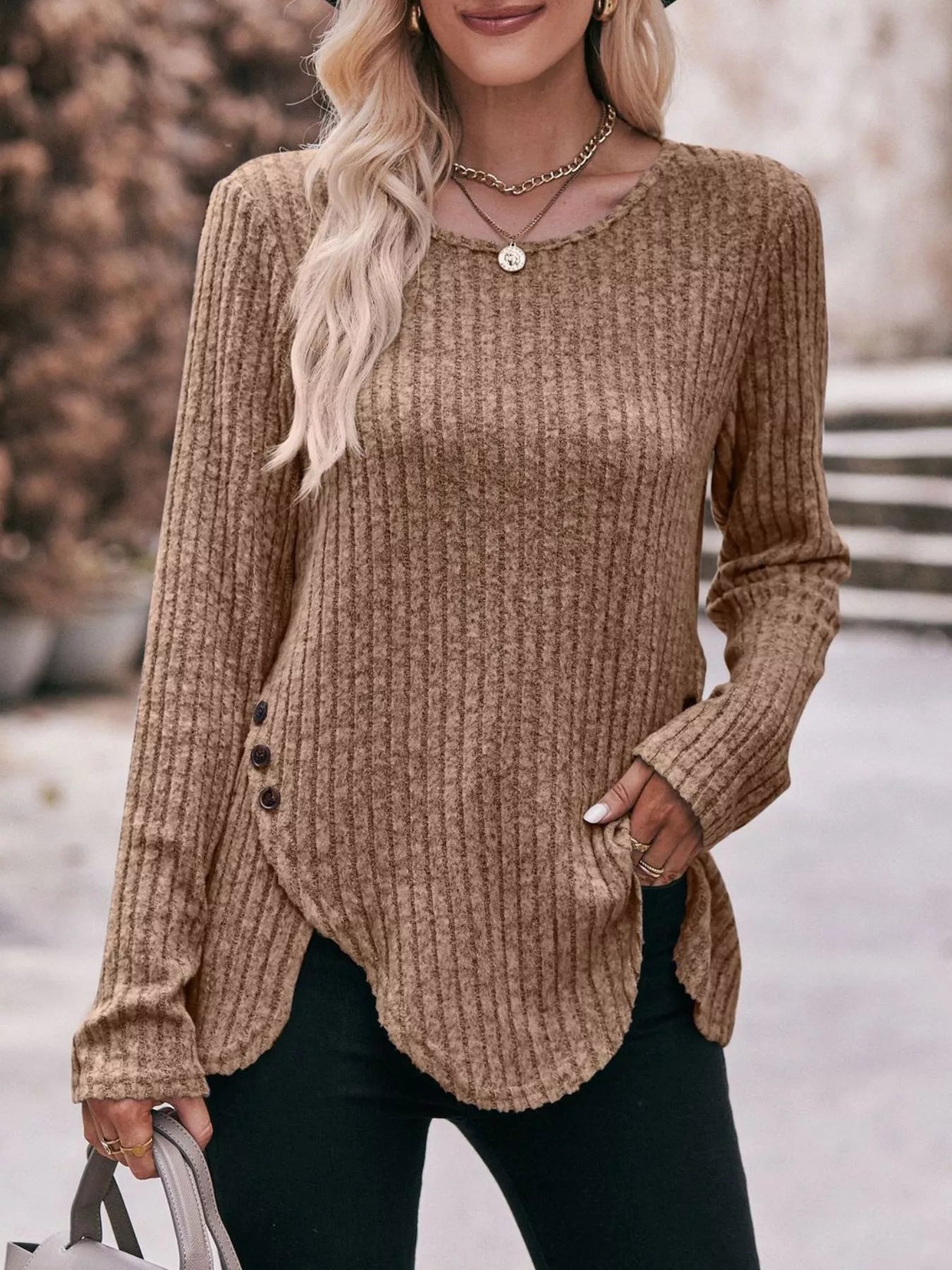 Sarah Express Women's Ribbed Knit Long Sleeve T-Shirt Camel