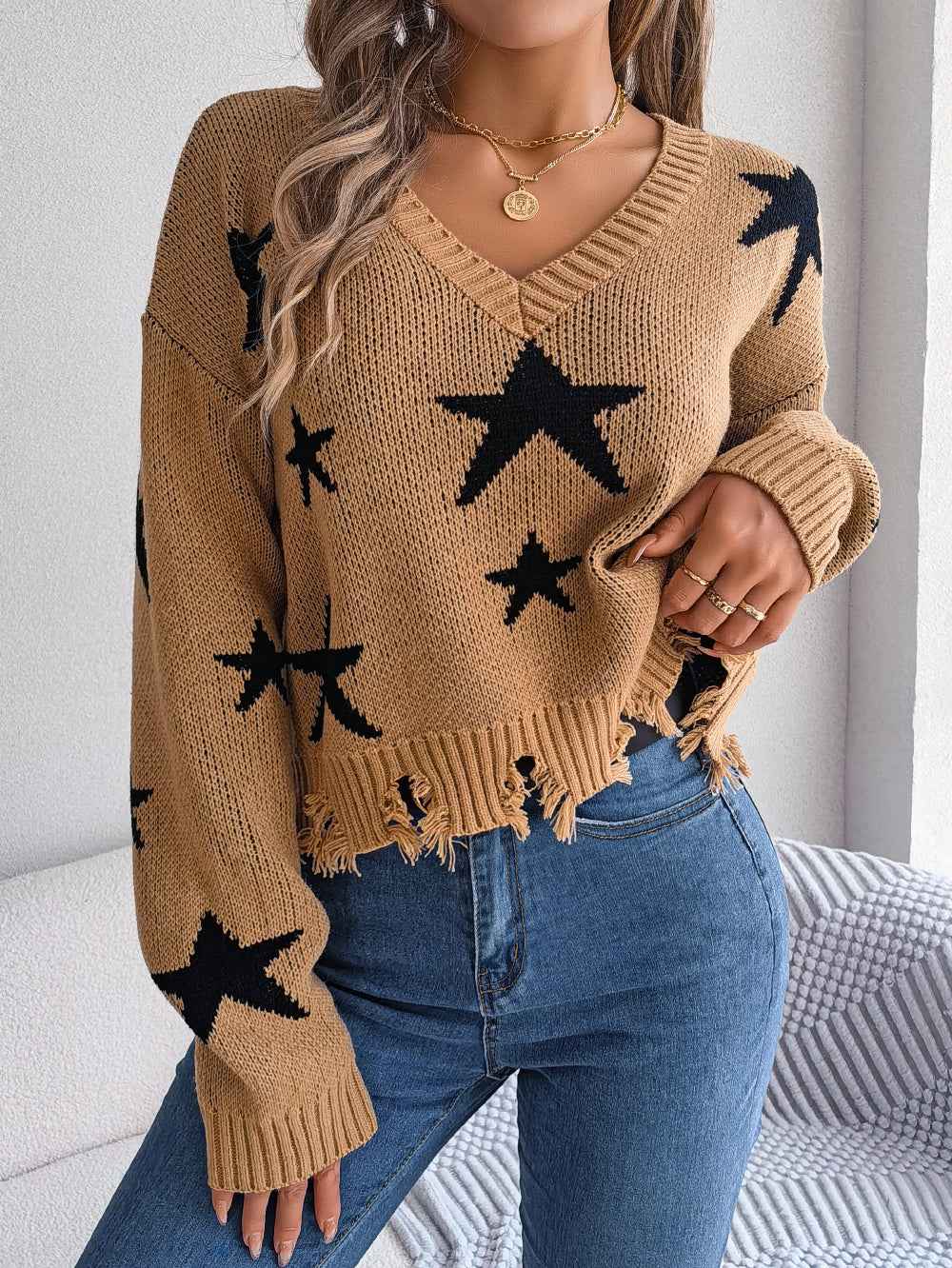 Sarah Express Women's Star Distressed V-Neck Knit Sweater - Long Sleeve Casual Pullover Khaki