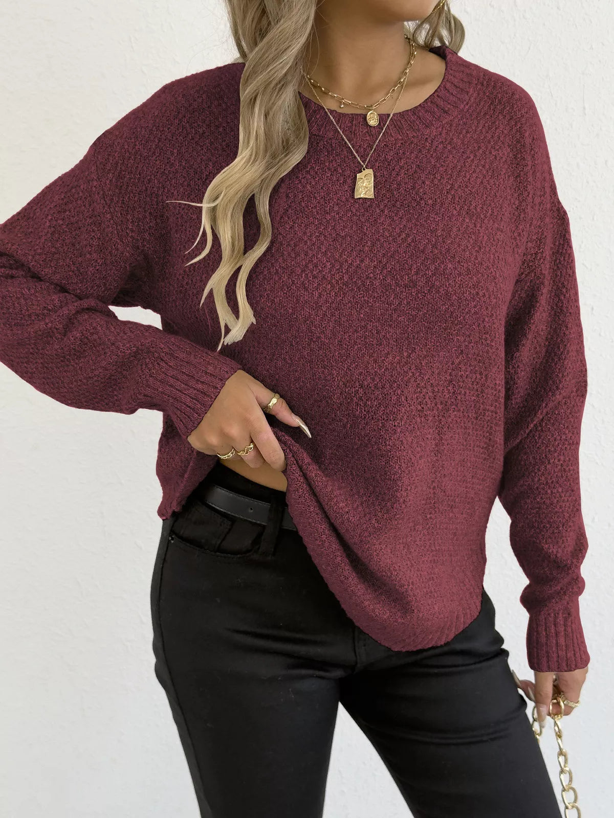 Sarah Express Women's Textured Knit Relaxed Fit Round Neck Sweater Burgundy