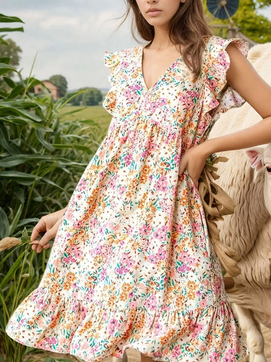 Sarah Express Women's Floral Print Ruffle Trim V-Neck Maxi Dress Floral