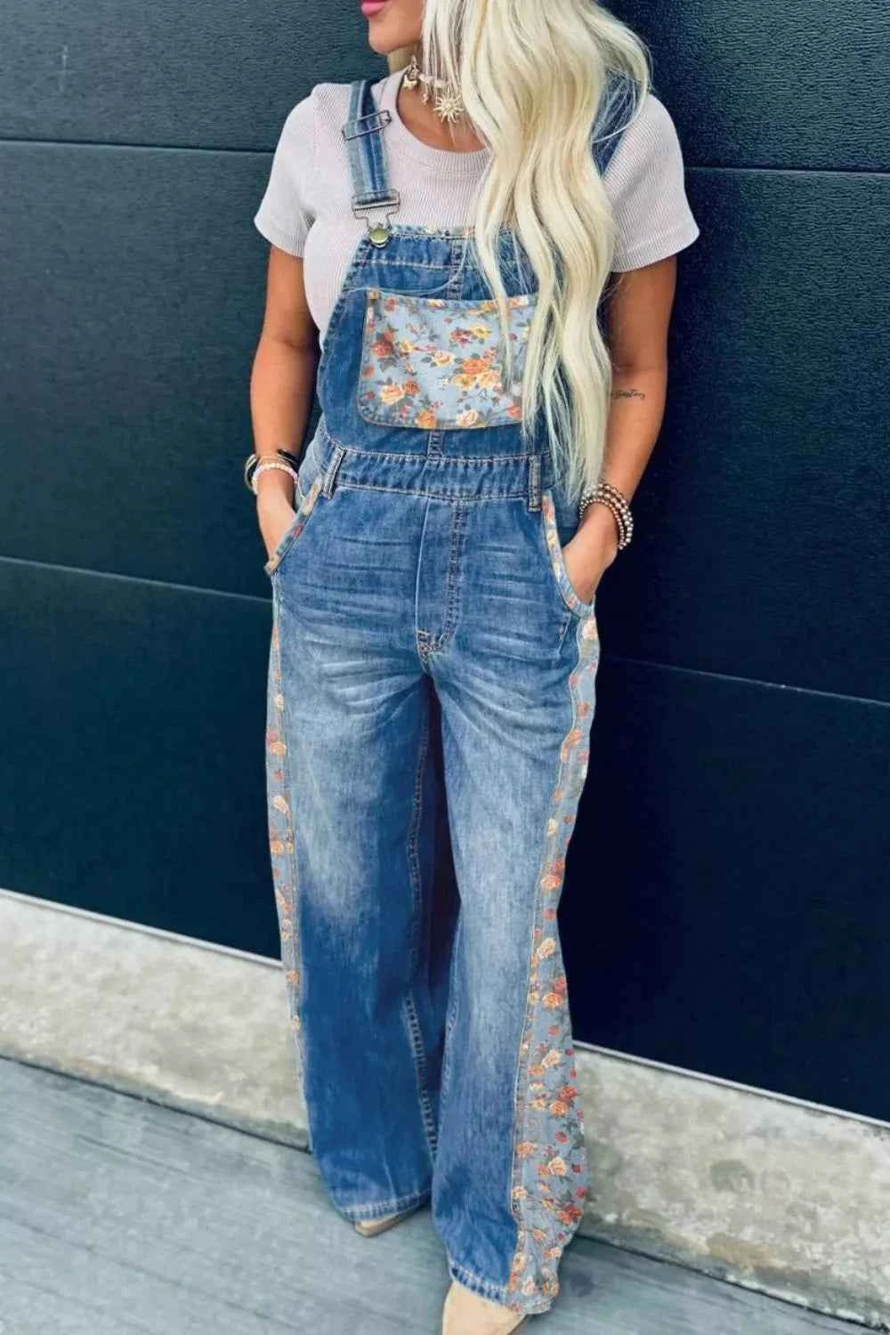 Sarah Express Women's Floral Wide Leg Denim Overalls - Casual Pocketed Jumpsuit