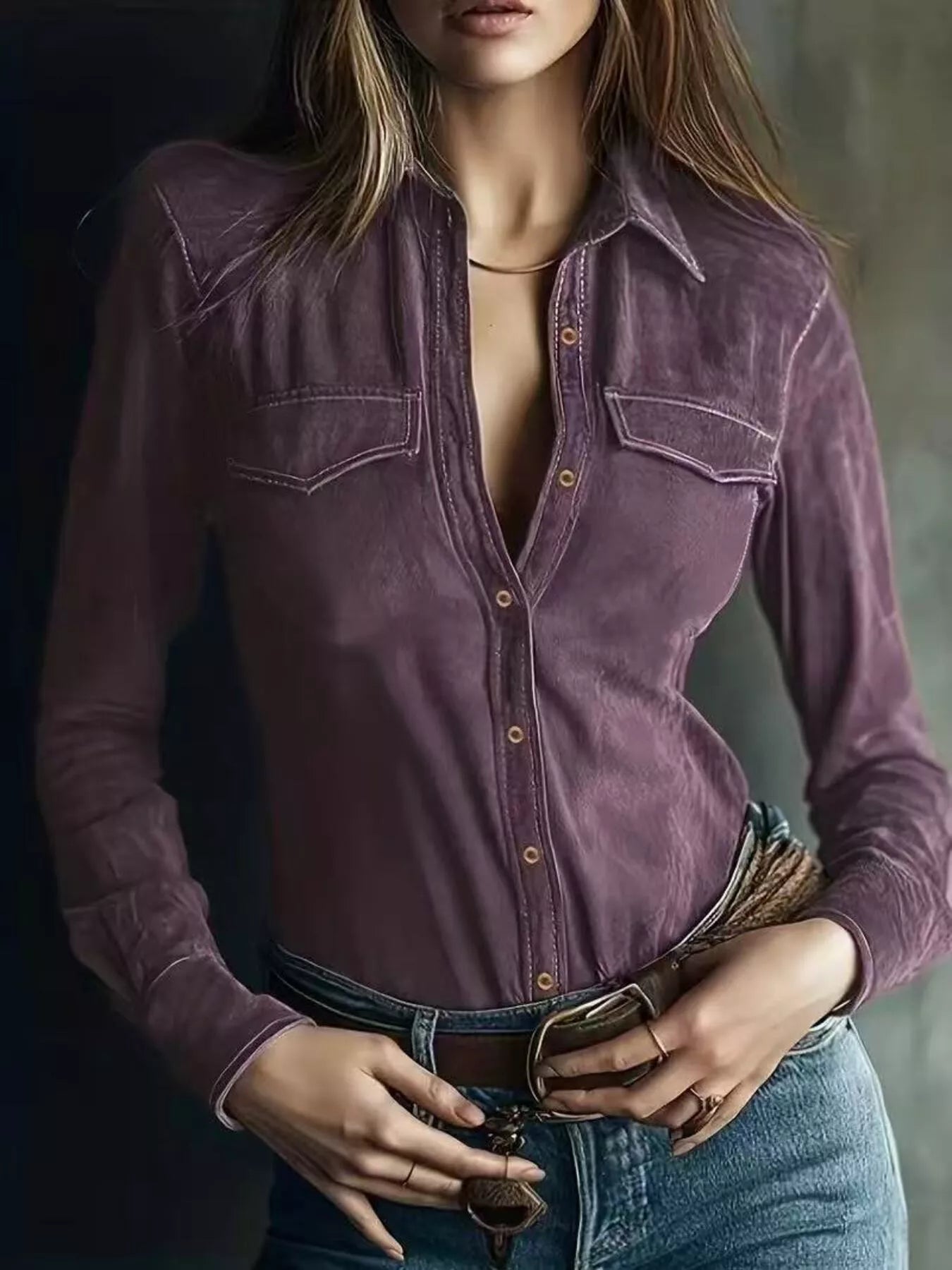Sarah Express Women's Suede Button-Down Shirt Purple
