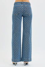 Sarah Express Women’s High Rise Wide Leg Jeans with Bow Embroidery

