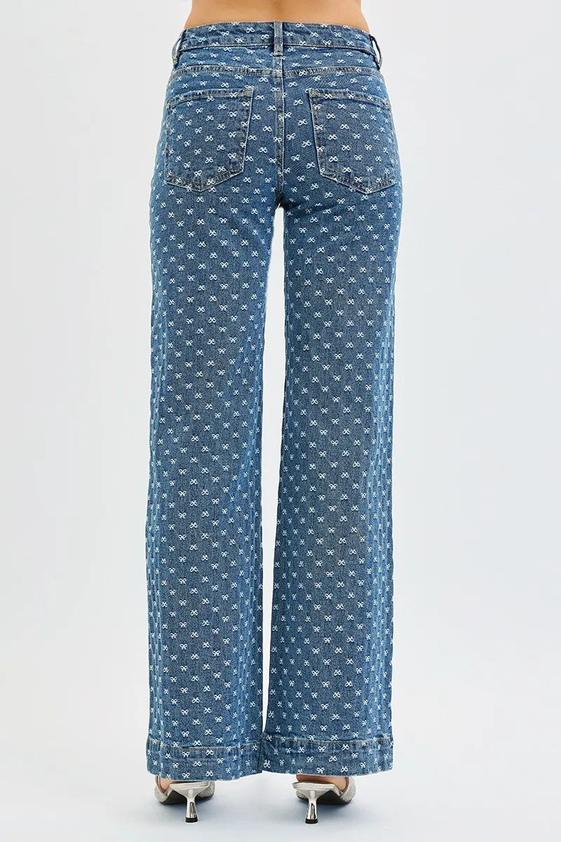 Sarah Express Women’s High Rise Wide Leg Jeans with Bow Embroidery
