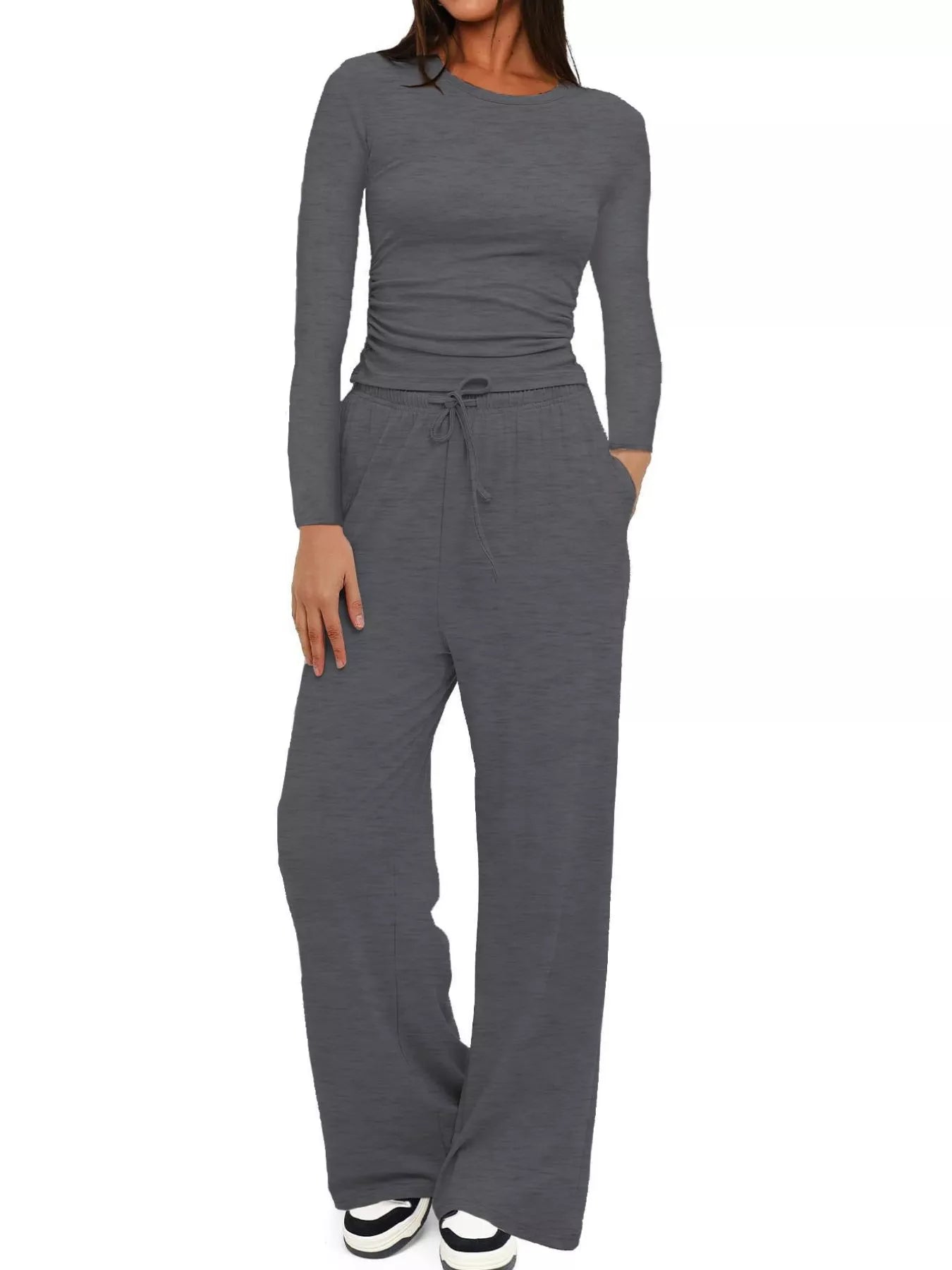 Sarah Express Women's Round Neck Long Sleeve Top and Pants Set Dark Gray