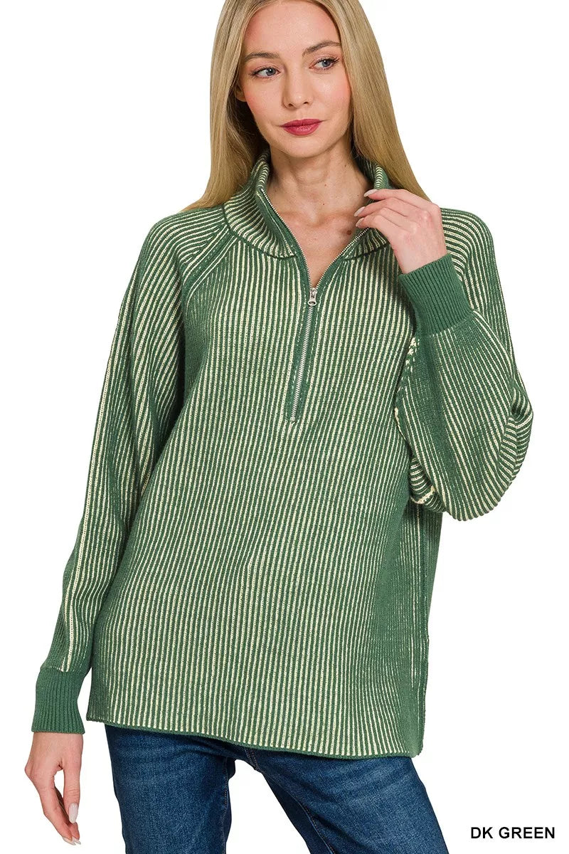 Sarah Express Women's Ribbed Two Tone Half Zip Sweater