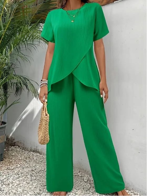 Sarah Express Solid Color 2 Piece Set Crew Neck Short Sleeve Top Long Pants Polyester