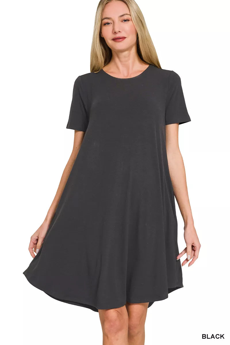 Sarah Express Women's A-Line Dress with Pockets - Short Sleeve Round Hem Casual Dress BLACK