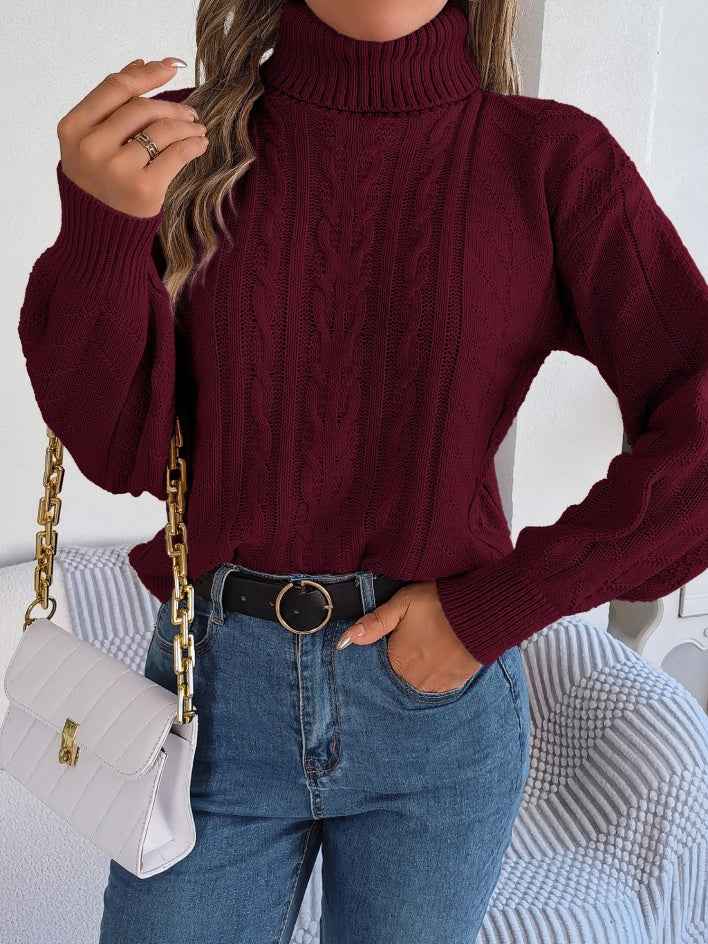 Sarah Express Women's Cable Knit Turtleneck Sweater Long Sleeve Pullover Burgundy
