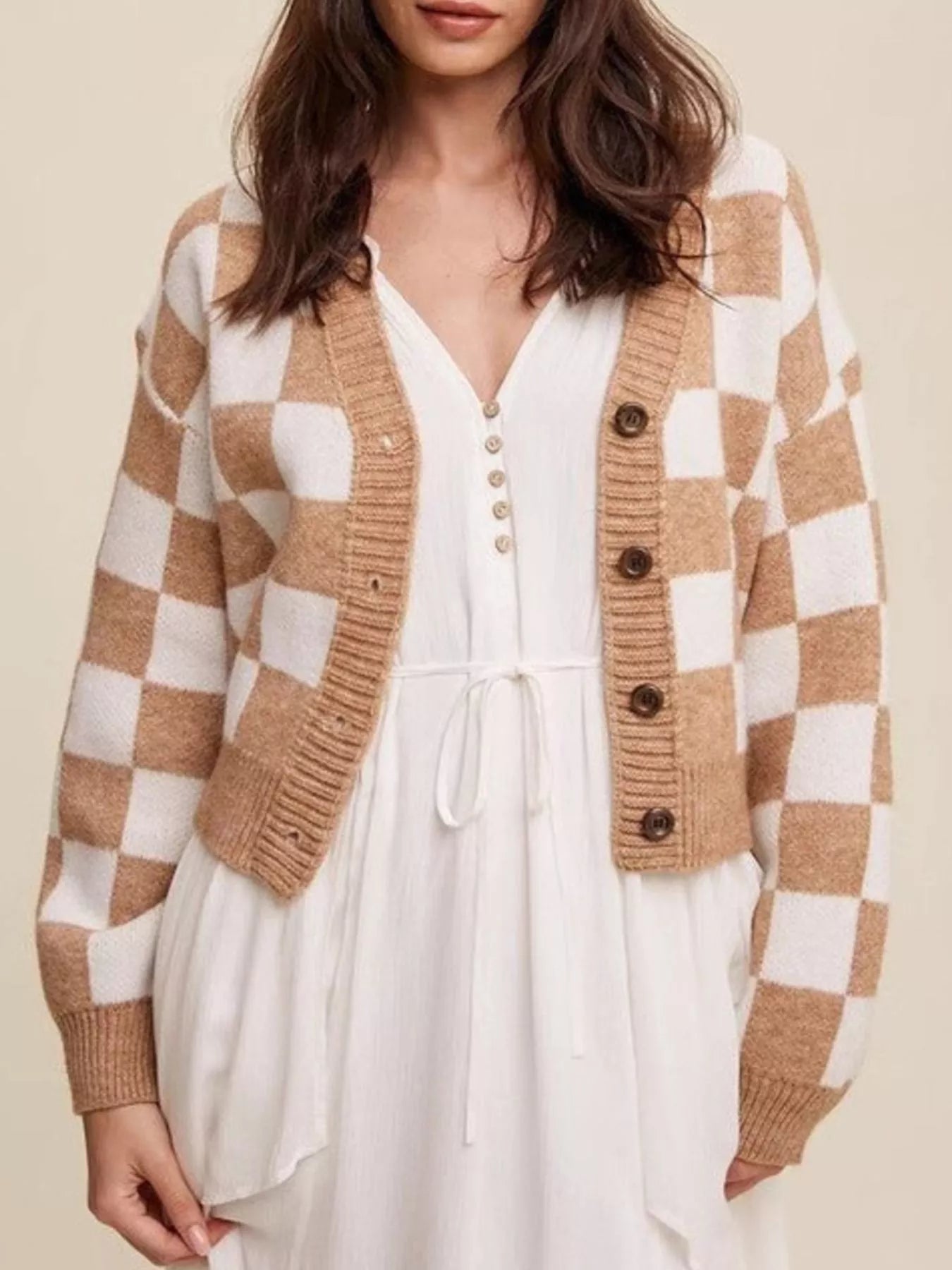 Sarah Express Women's Checkerboard Pattern Button-Down Cardigan Khaki