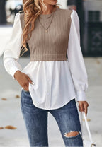 Sarah Express Wavy Stripe Blouse Long Sleeve Stitching Detail Pullover Top