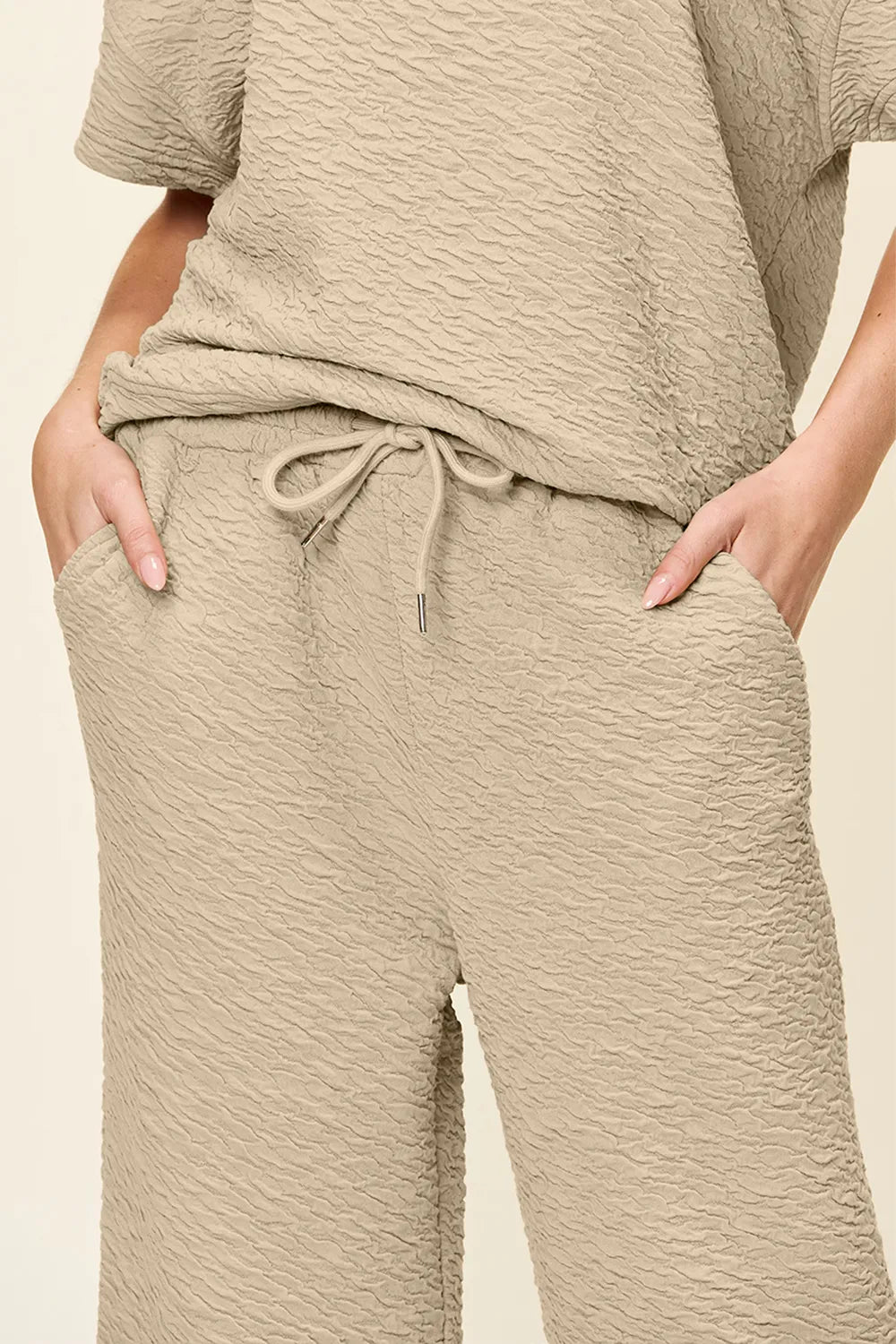 Sarah Express Women's Textured Short Sleeve Top and Pants Set - Two Piece Outfit