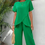 Sarah Express Solid Color 2 Piece Set Crew Neck Short Sleeve Top Long Pants Polyester