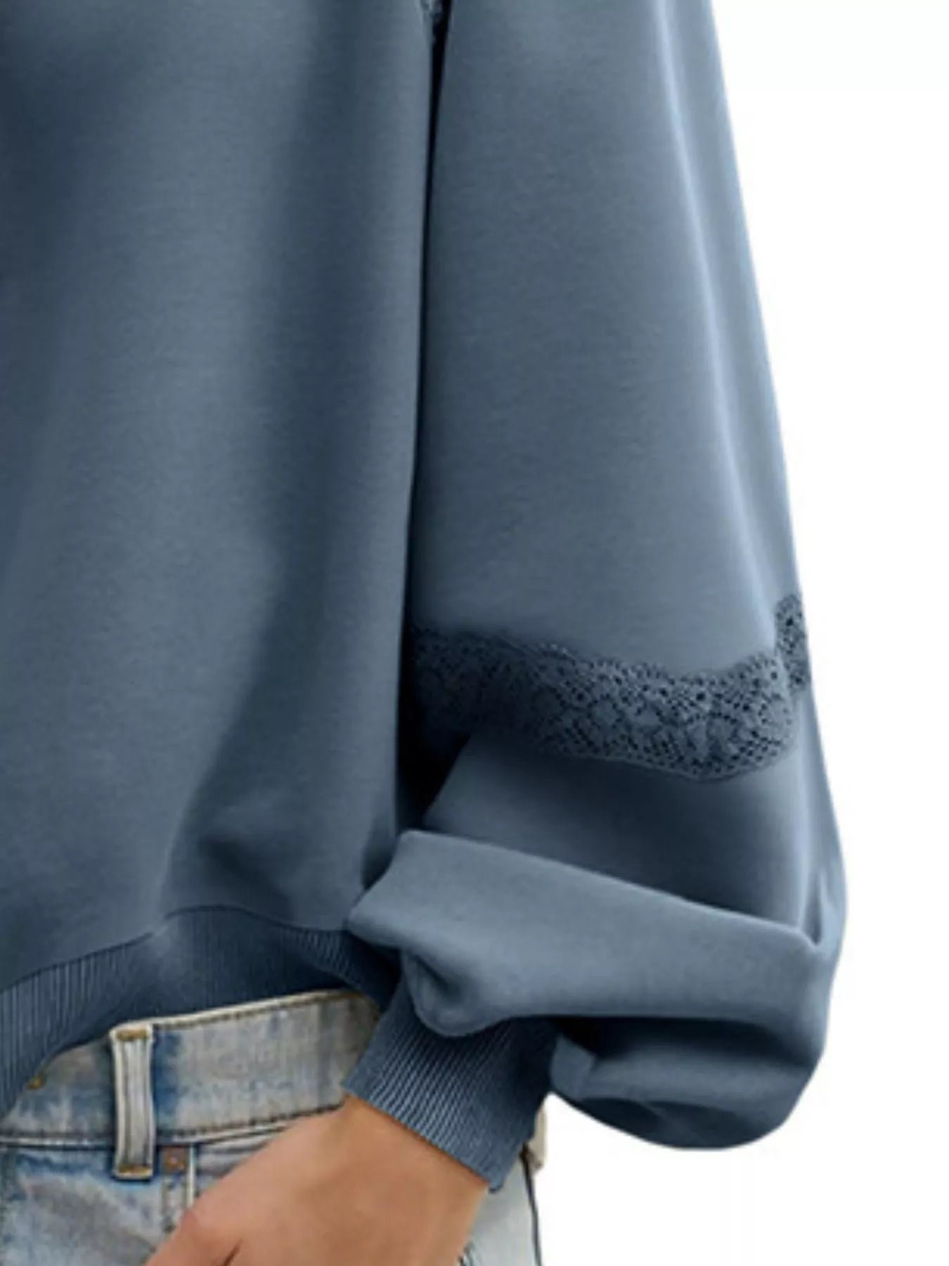 Sarah Express Women's Lace Detail Notched Long Sleeve Sweatshirt - Oversized Casual Pullover