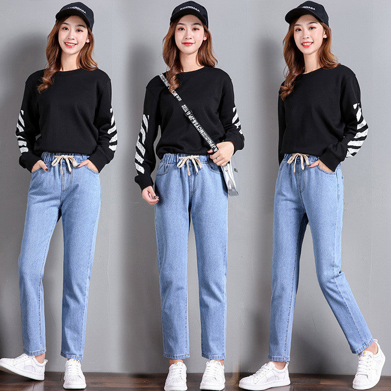 Sarah Express Women's High Waist Straight Leg Cropped Denim Jeans Elastic Waist