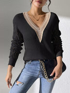 Sarah Express Women's V-Neck Hollow Knit Sweater - Openwork Design