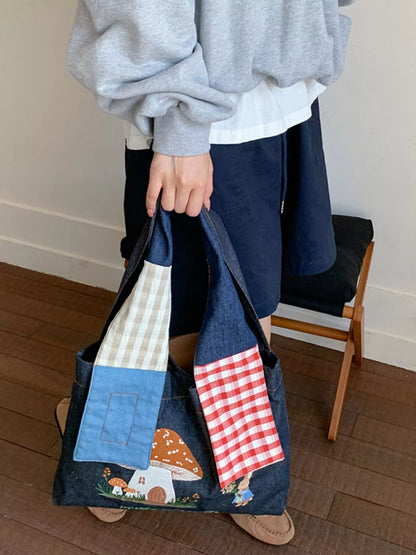 Sarah Express Women's Mushroom Corduroy Tote Bag Dark Blue One Size