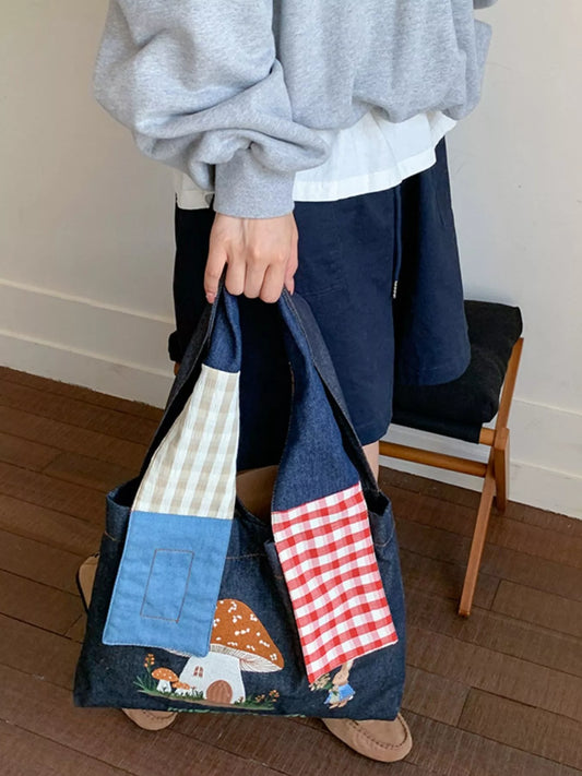 Sarah Express Women's Mushroom Corduroy Tote Bag Dark Blue One Size