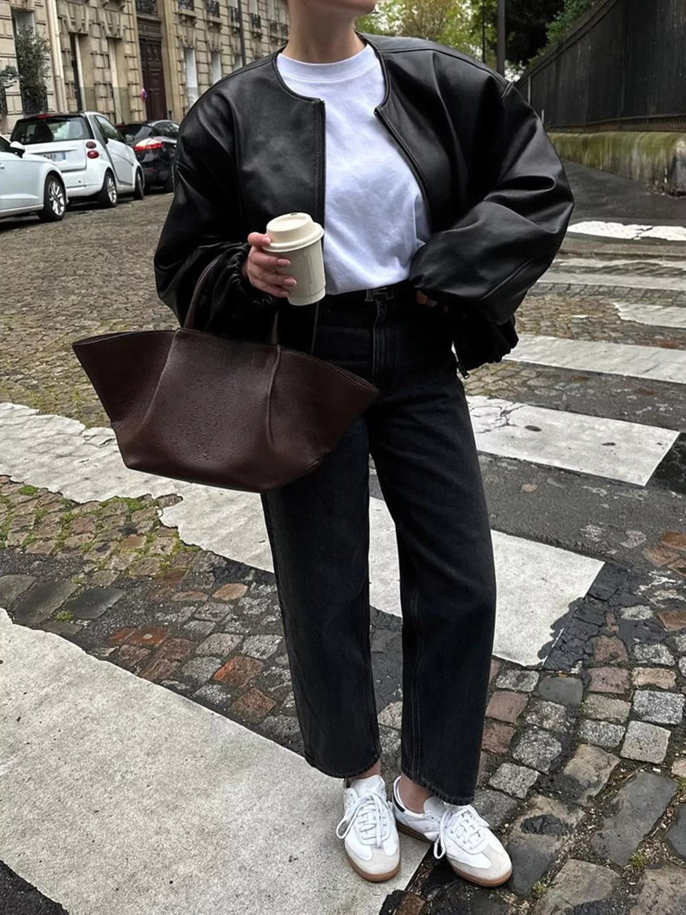 Sarah Express Women's Zip Up Leather Bomber Jacket