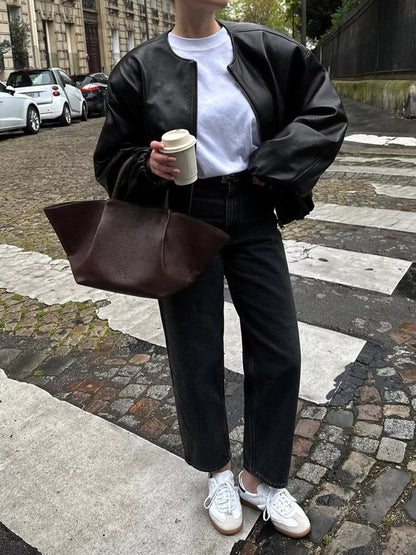 Sarah Express Women's Zip Up Leather Bomber Jacket