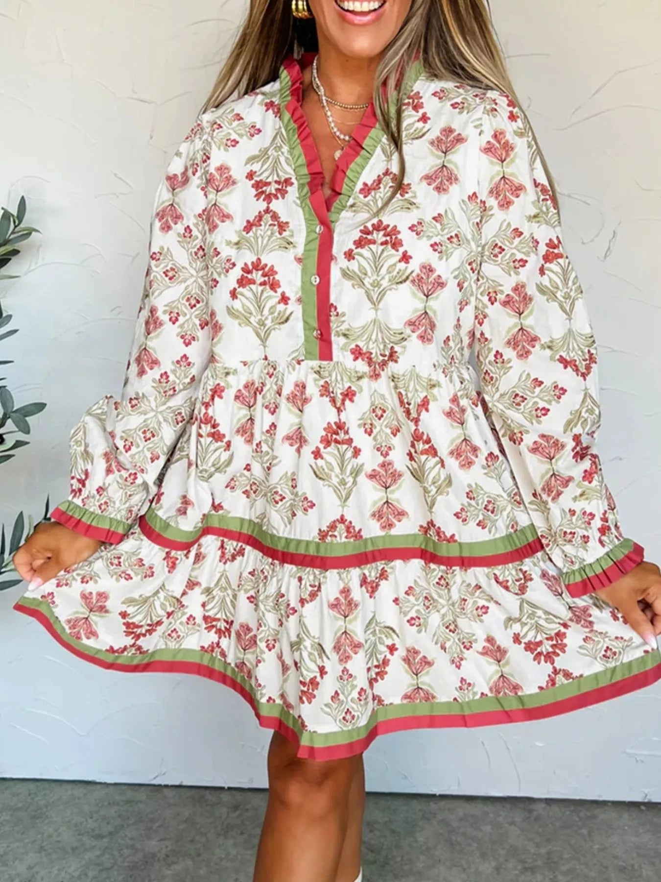 Sarah Express Women's Floral Print Long Sleeve Flared Dress with Frilled Neck - Vintage Inspired Midi Dress Floral