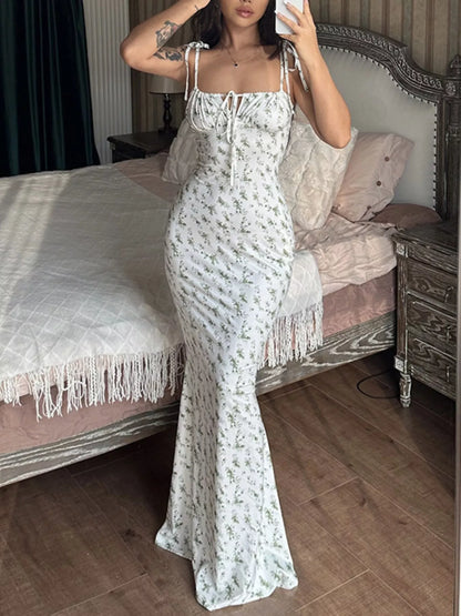 Sarah Express Women's Floral Print Tie Strap Bodycon Maxi Dress Green