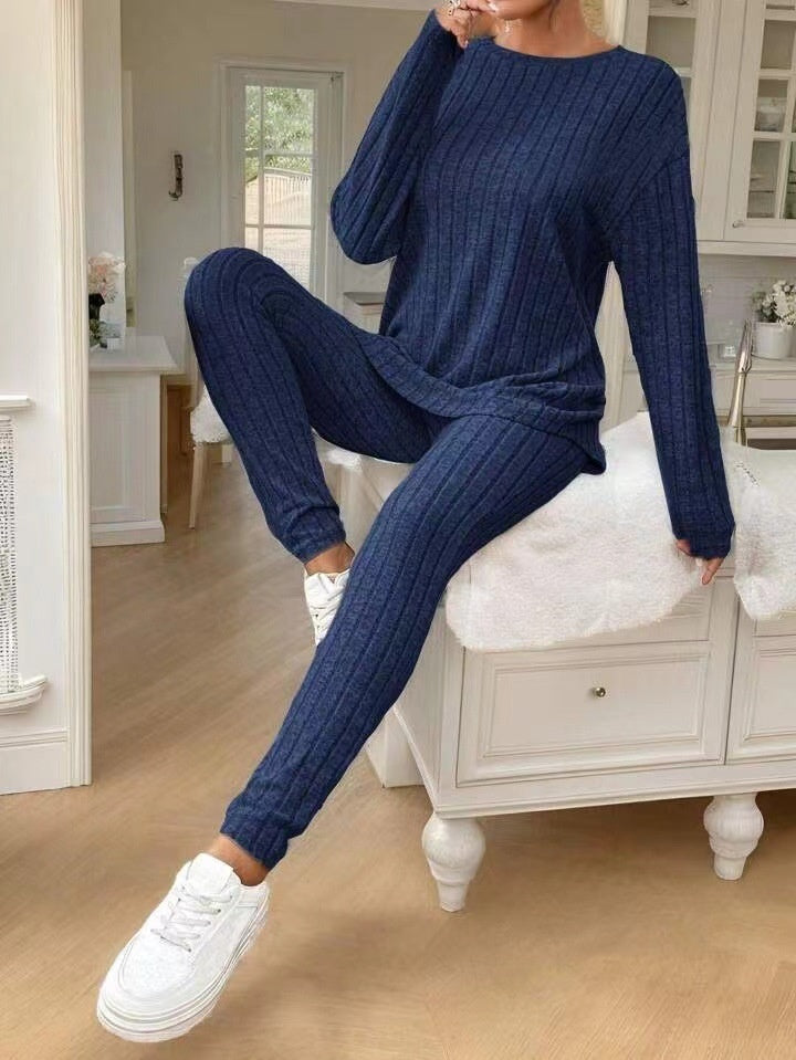Sarah Express Women's Casual Cotton Two-Piece Matching Set Long Sleeve Top & Trousers