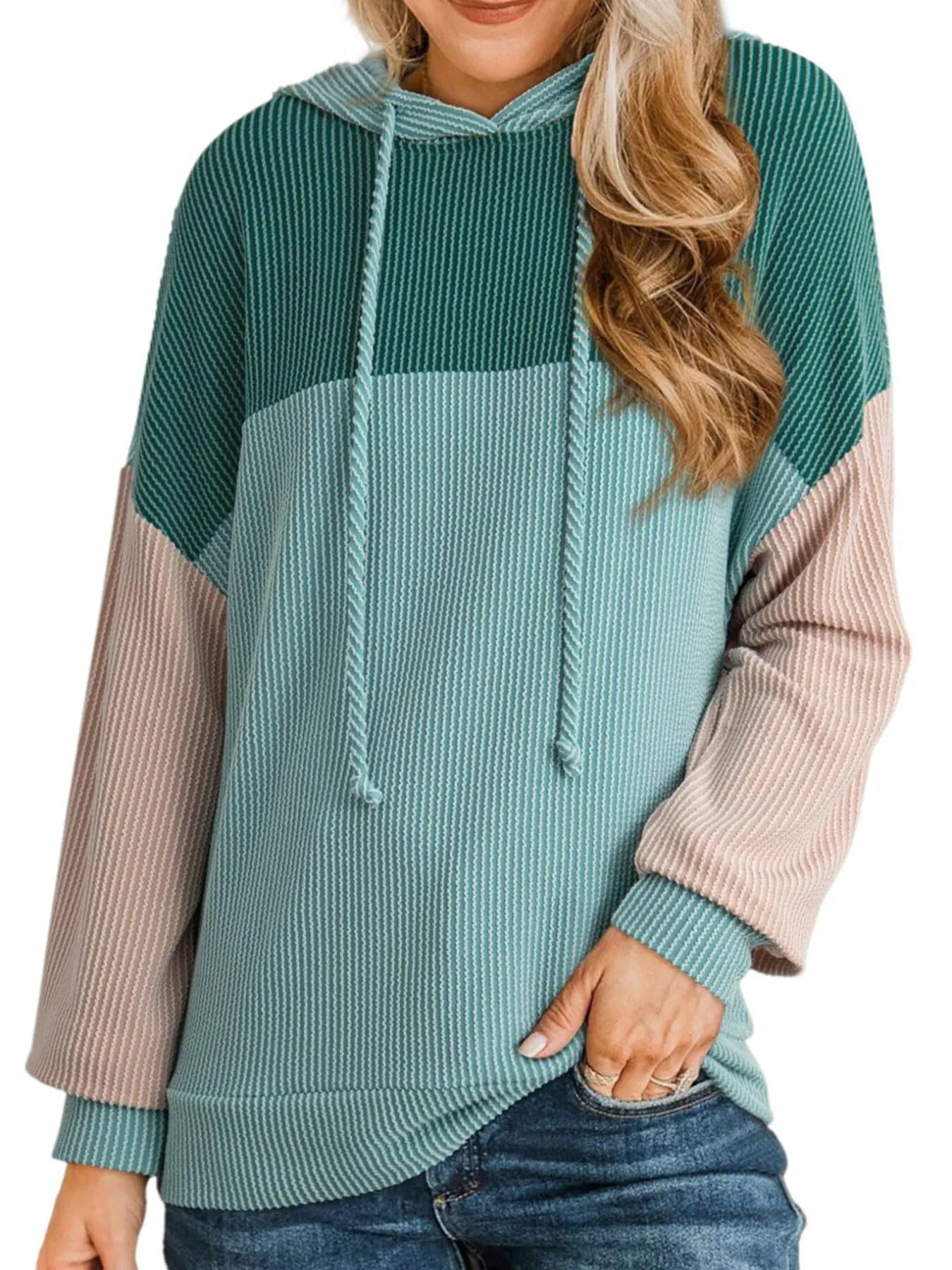 Sarah Express Women's Drawstring Color Block Long Sleeve Hoodie Green