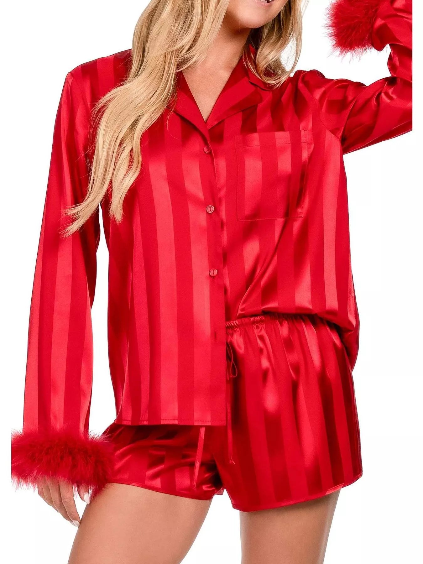 Sarah Express Women's Striped Feather Trim Shirt and Shorts Lounge Set