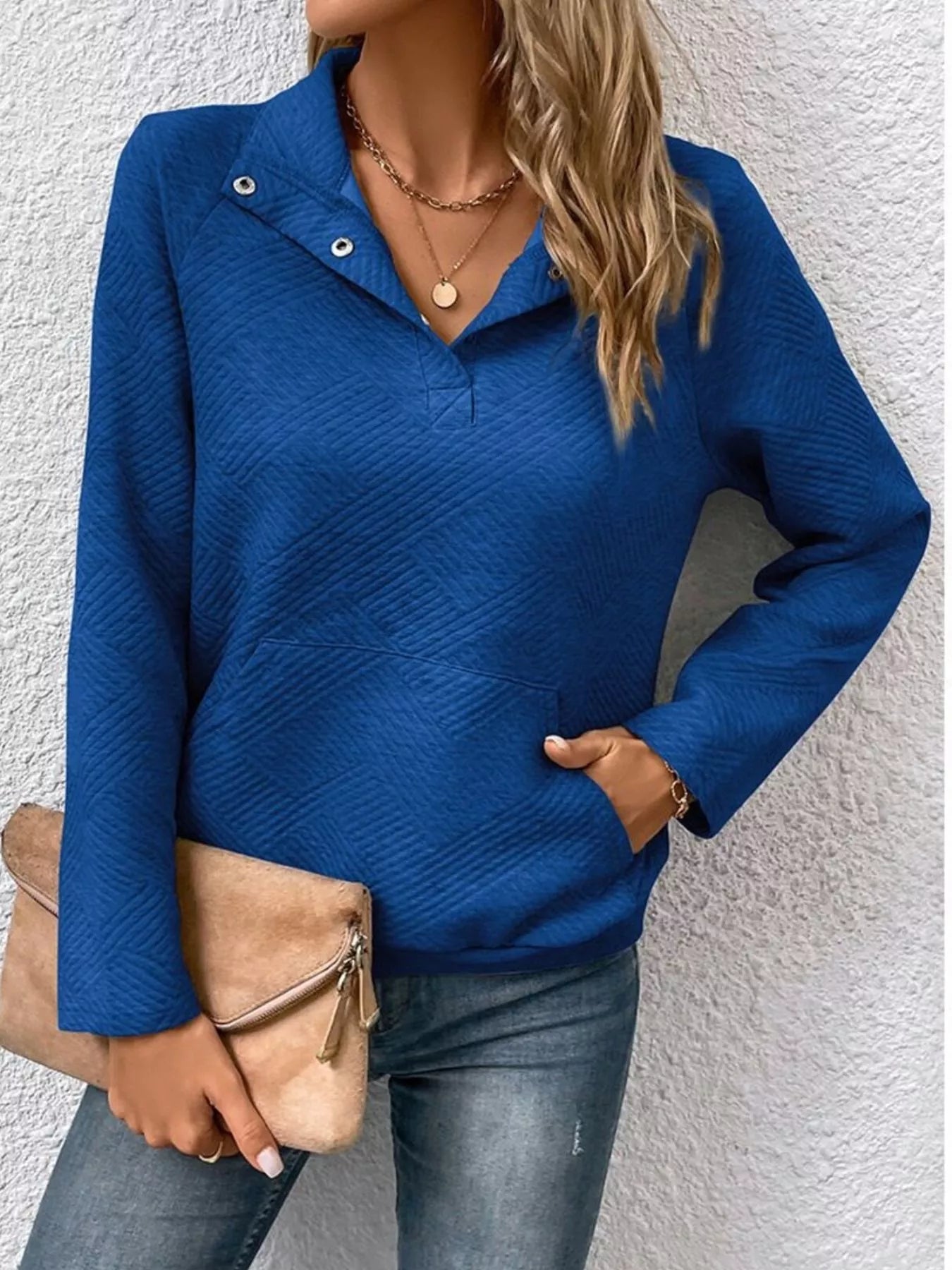 Sarah Express Women's Textured Quarter Snap Sweatshirt Blue