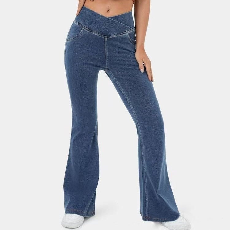 Sarah Express Women's Mid-Waist Bell Bottom Flare Jeans Denim Pants