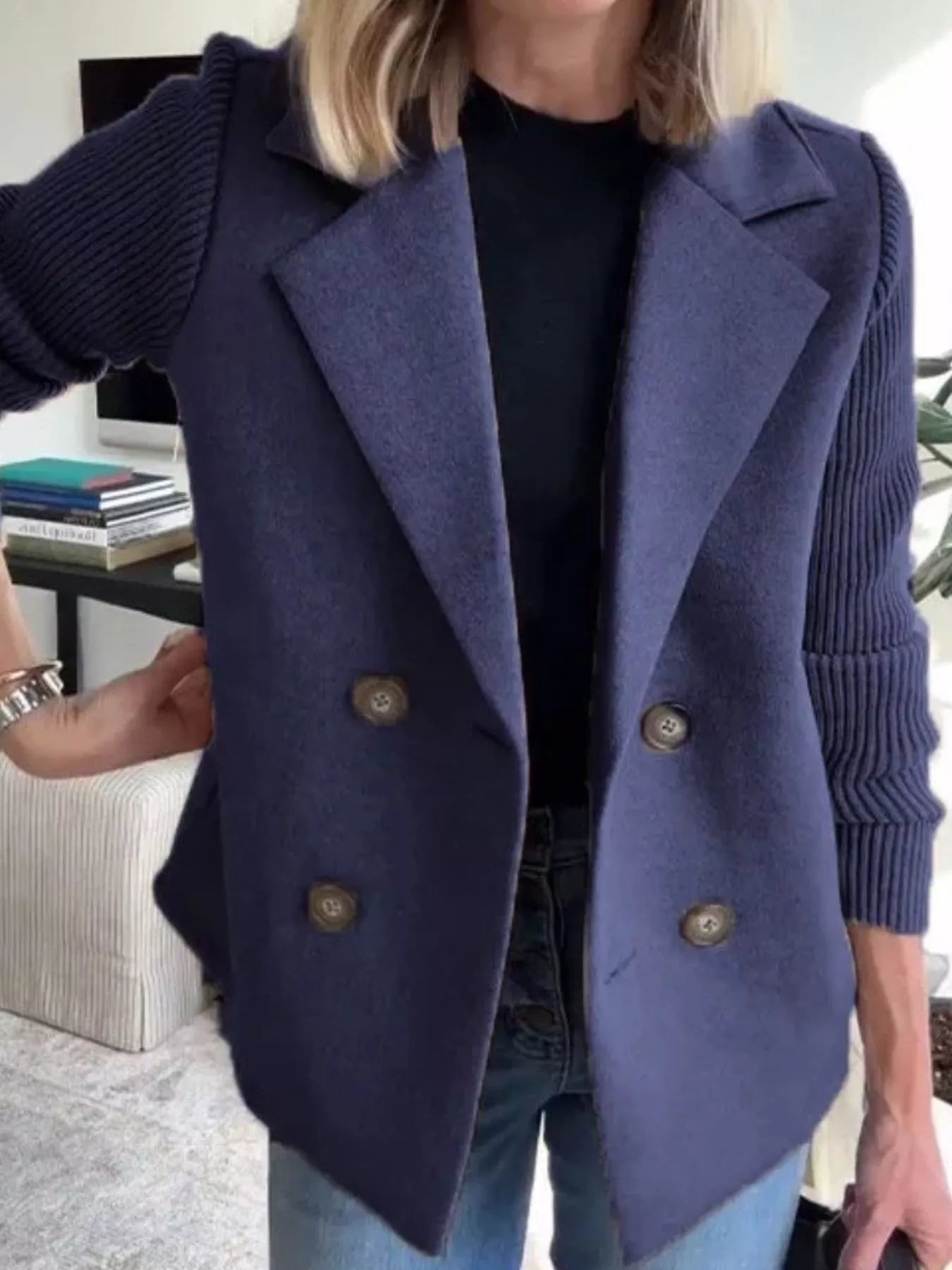 Sarah Express Women's Knit Sleeve Double-Breasted Outerwear Plus Size Dark Blue