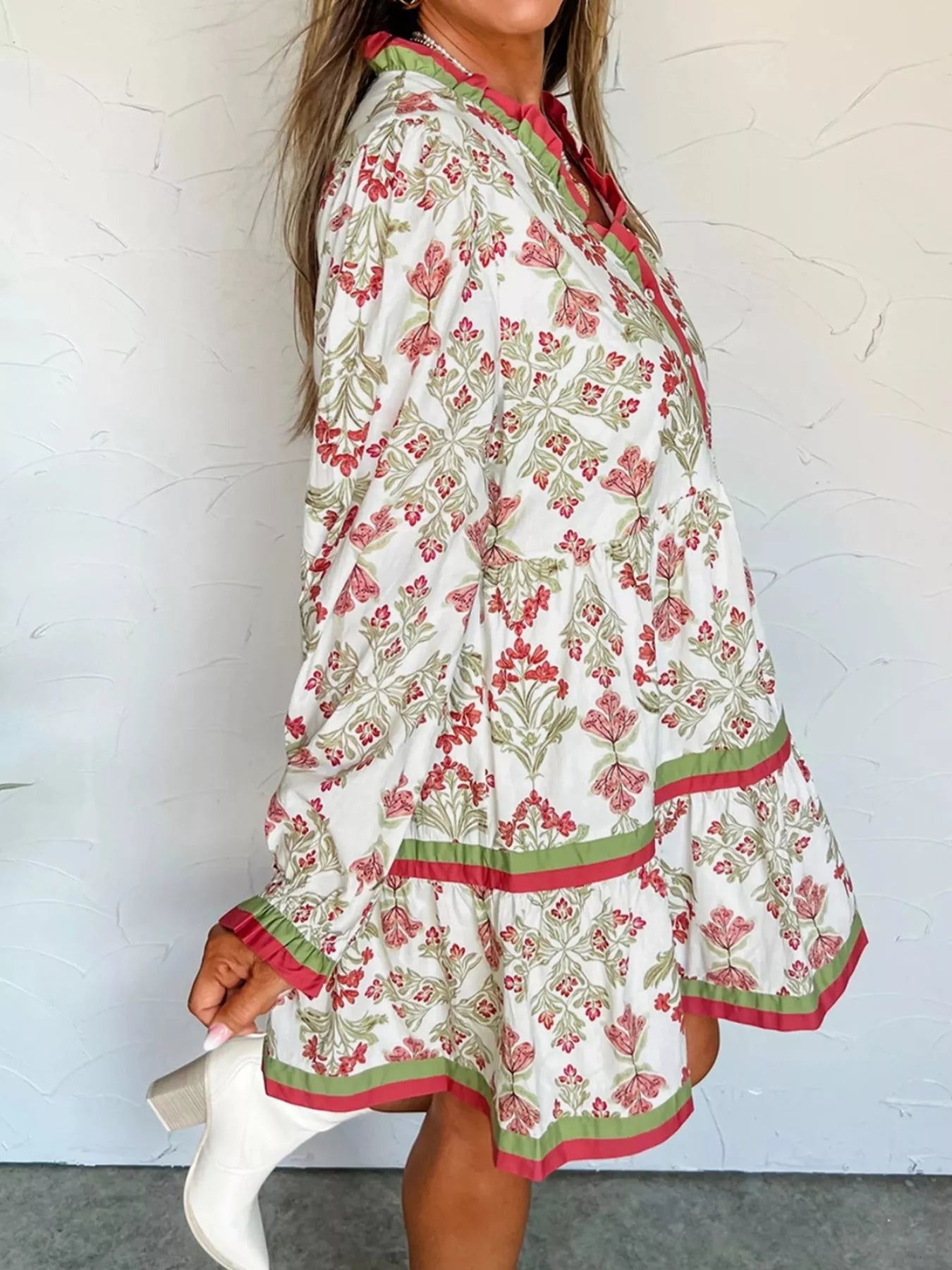 Sarah Express Women's Floral Print Long Sleeve Flared Dress with Frilled Neck - Vintage Inspired Midi Dress