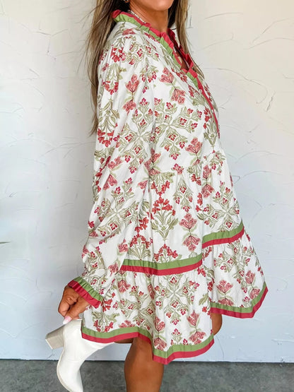 Sarah Express Women's Floral Print Long Sleeve Flared Dress with Frilled Neck - Vintage Inspired Midi Dress