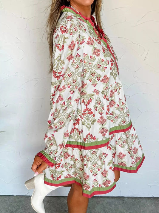 Sarah Express Women's Floral Print Long Sleeve Flared Dress with Frilled Neck - Vintage Inspired Midi Dress