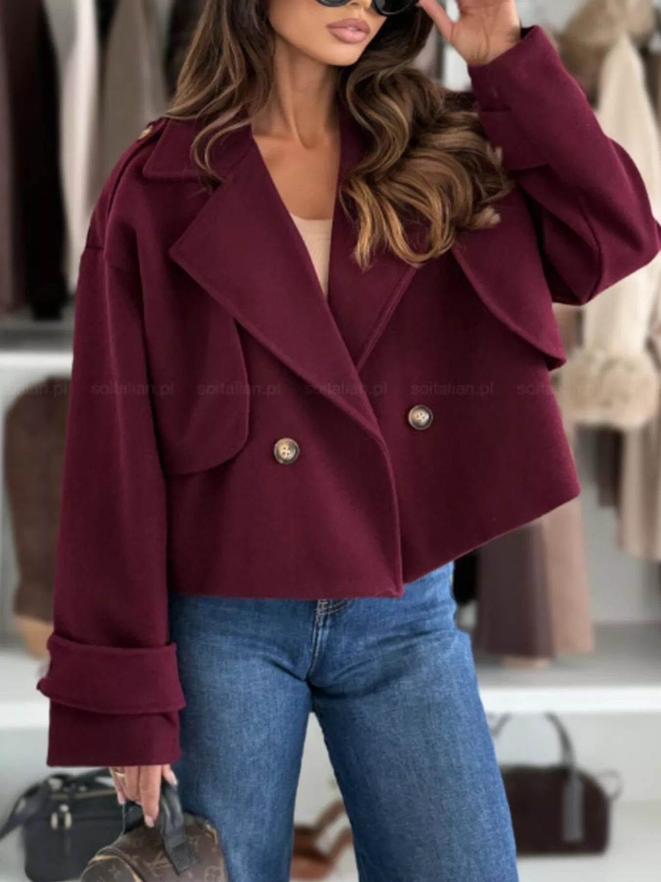 Sarah Express Women's Double-Breasted Cropped Outerwear Burgundy