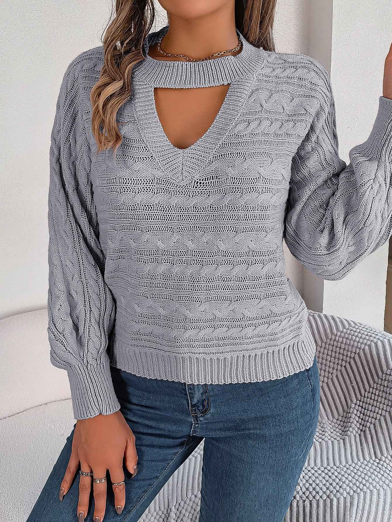Sarah Express Women's Cable Knit Pullover Sweater - Hollow Out Long Sleeve Knitwear