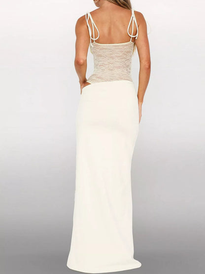 Sarah Express Women's Lace Cutout Tie Shoulder Maxi Dress