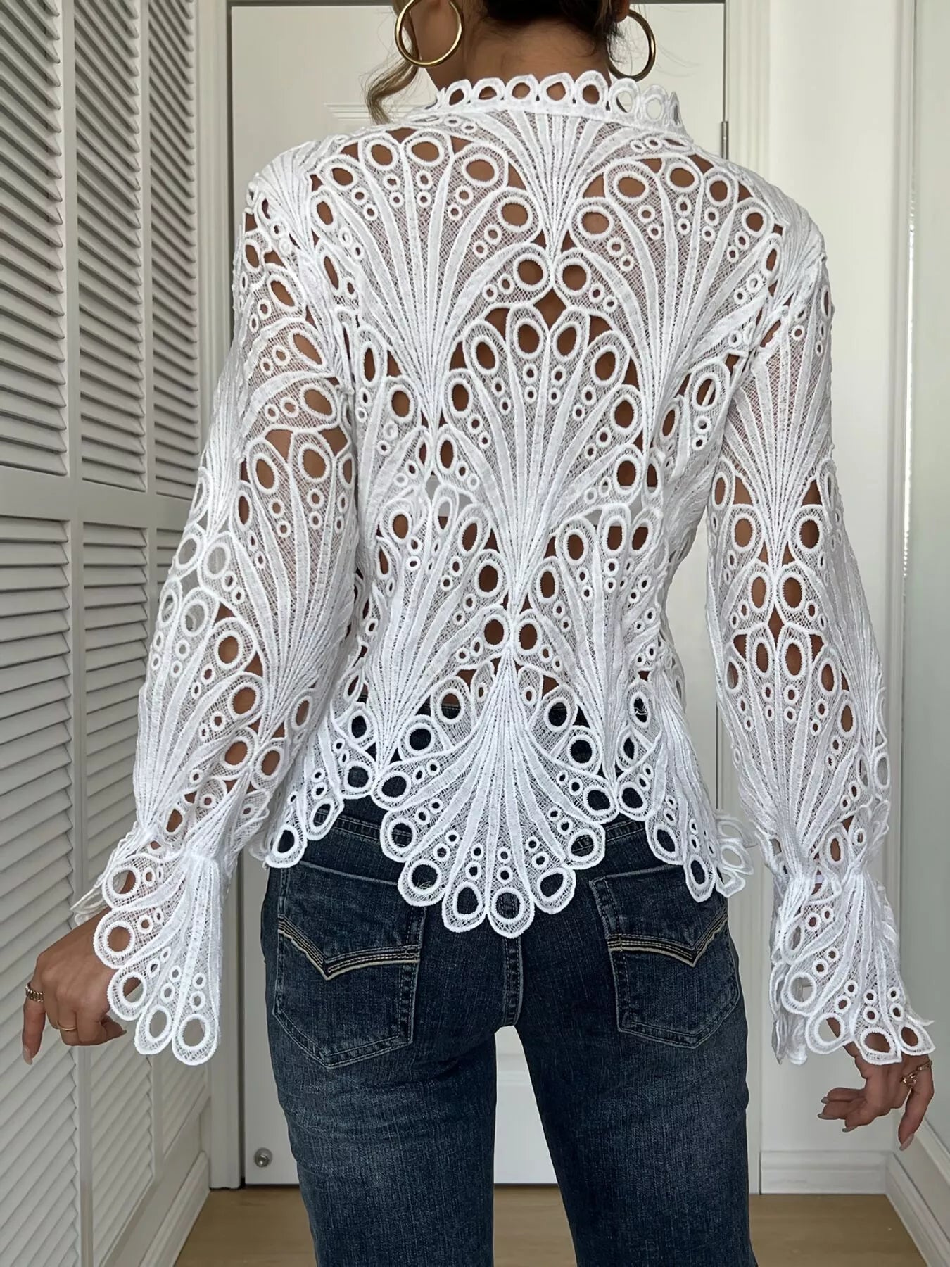 Sarah Express Women's Lace Button Up Long Sleeve Shirt - Elegant Openwork Blouse