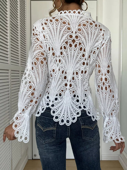 Sarah Express Women's Lace Button Up Long Sleeve Shirt - Elegant Openwork Blouse