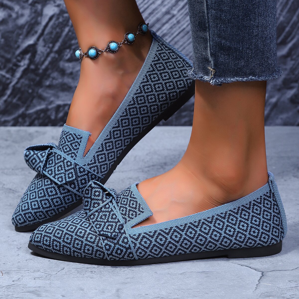 Sarah Express Bow-Tie Loafers | Breathable Mesh Slip-On Pointed Toe Flats Light blue lattice