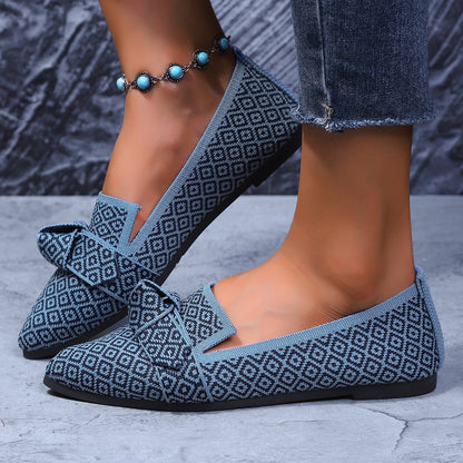 Sarah Express Bow-Tie Loafers | Breathable Mesh Slip-On Pointed Toe Flats Light blue lattice