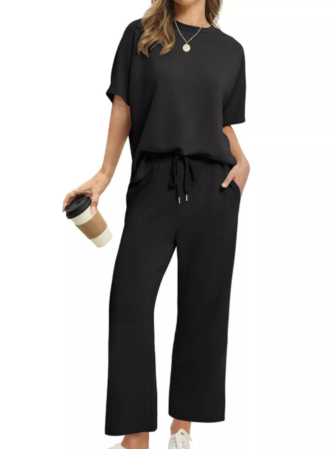 Sarah Express Women's Round Neck Short Sleeve Top and Pants Set - Plus Size