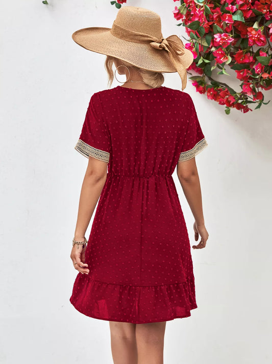 Sarah Express Women's V-Neck Swiss Dot Ruffle Hem Mini Dress