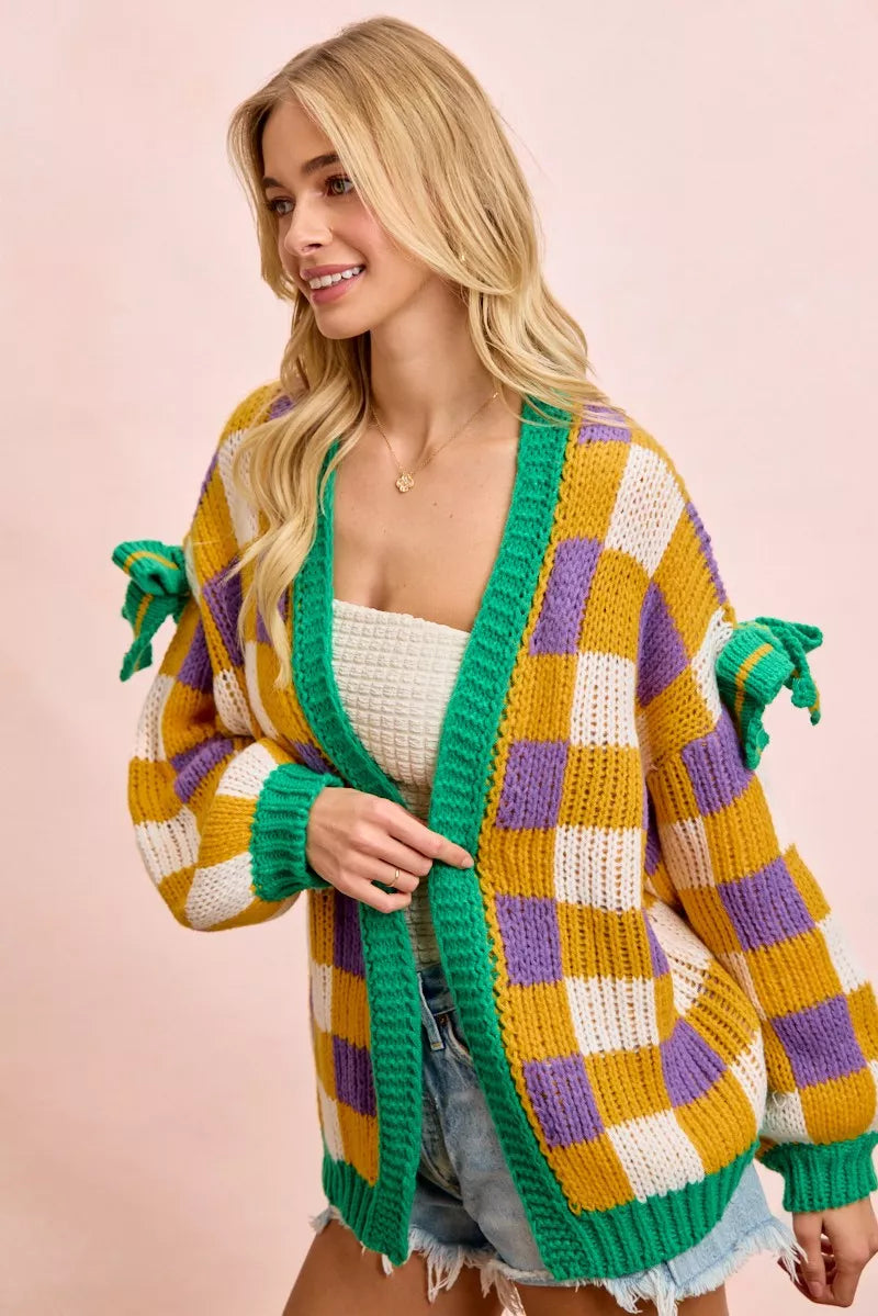 Sarah Express Women's Mardi Gras Checkerboard Front Open Cardigan