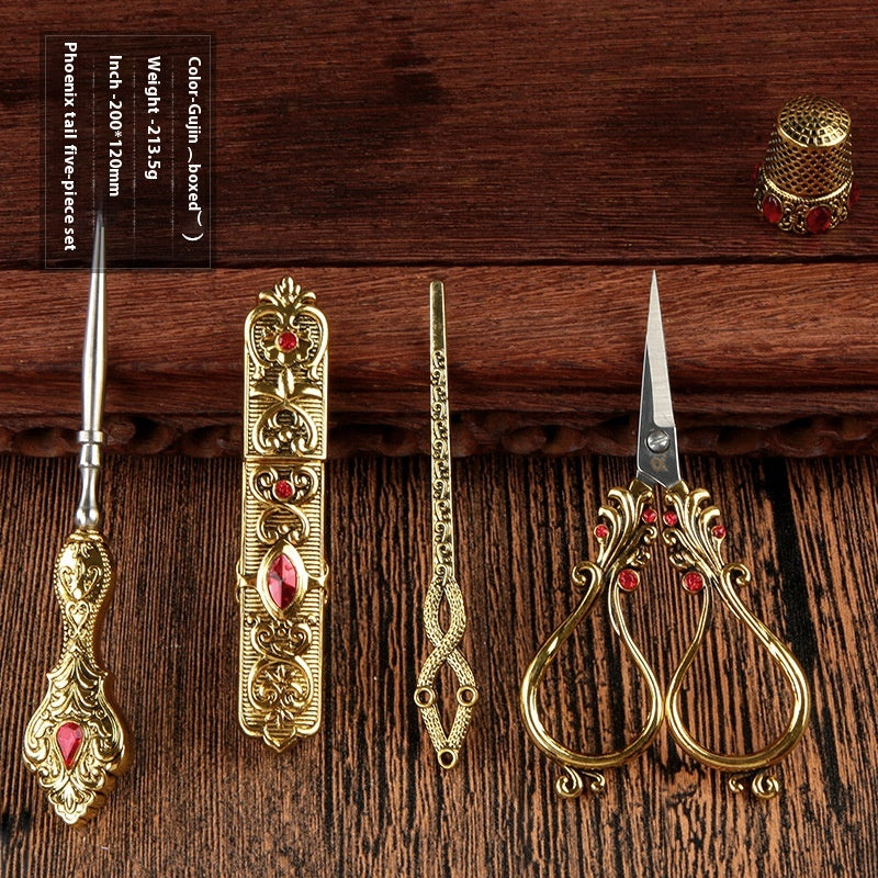 Sarah Express Luxury Phoenix Tail Scissors 5-Piece Set - Stainless Steel Embroidered Craft Scissors Gold