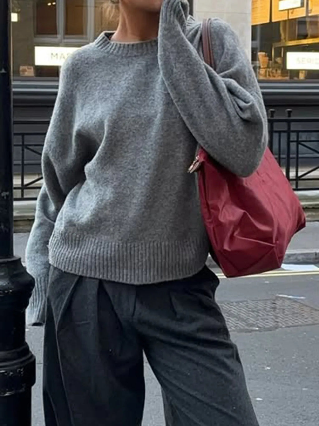 Sarah Express Women's Ribbed Crewneck Drop Shoulder Sweater - Oversized Fit