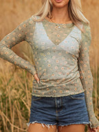 Sarah Express Women's Floral Print Mesh Long Sleeve Top Sage